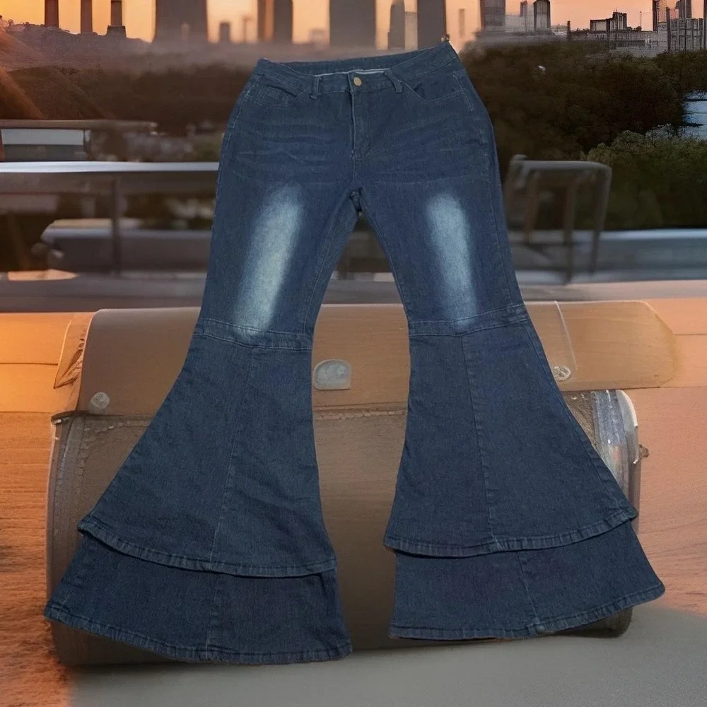Plus Sz 1X Stretchy Fitted High Waist Layered Bell Bottom Hippie Blue Jeans Y2K - Picture 4 of 11